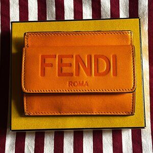 FENDI Roma Orange Leather Card Holder Wallet Logo Embossed Made in Italy With Bo